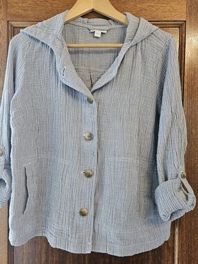 J. Jill Light Blue Hooded Button-Front Shirt Jacket